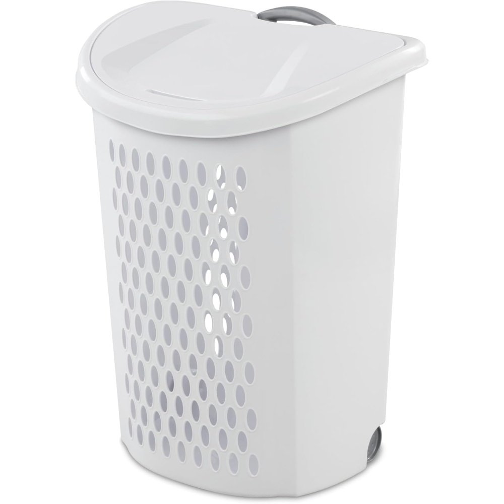 Plastic Rolling Clothes Laundry Basket with Wheels & Retractable Handle -Heavy-Duty storage with lid, Ventilated Design, Large Capacity, Easy-Clean for Home/Laundry Room