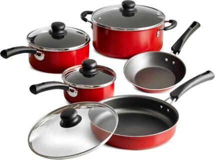 9 Piece red nonstick pots and pans cookware Set,Aluminum Construction, Dishwasher Safe, Compatible with Gas, Electric, Ceramic Cooktops